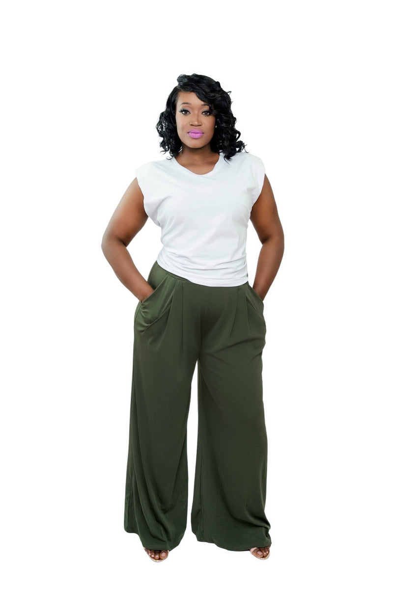 Ilham Olive Green Loose and Flowy Stretch Wide Leg Pants | Modest pants |  Artizara – ARTIZARA.COM